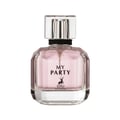 Maison Alhambra My Party Maison Alhambra 100ml EDP Woman — A clear glass perfume bottle with faceted sides, containing pink liquid and a silver cap with a black band. The label features black text and a deer silhouette. | Maison Alhambra My Party Maison Alhambra 100ml EDP Woman — Botol kaca jernih bersisi faset