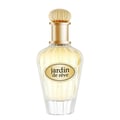 Maison Alhambra Paris Garden Maison Alhambra 100ml EDP Woman — A clear glass perfume bottle with fluted sides, a gold-colored cap with a ribbed texture, and a gold oval label with black text reading "jardin de rêve". | Maison Alhambra Paris Garden Maison Alhambra 100ml EDP Woman — Botol minyak wangi kaca jernih dengan
