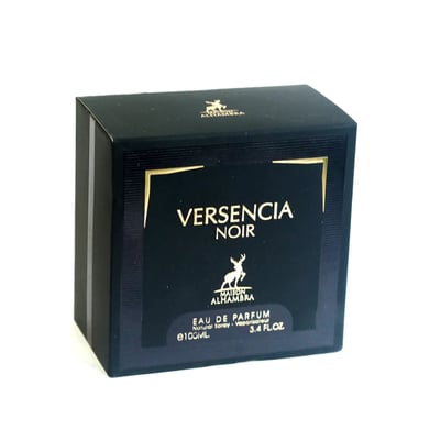 Maison Alhambra Versencia Noir – Black perfume box with gold accents and deer logo, featuring text "VERSENCIA NOIR EAU DE PARFUM 100ML 3.4 FL.OZ." | Maison Alhambra Versencia Noir – Kotak minyak wangi hitam dengan aksen emas dan logo rusa, memaparkan teks "VERSENCIA NOIR EAU DE PARFUM 100ML 3.4 FL.OZ."