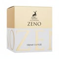 Maison Alhambra Zeno – A gold and white perfume box with a deer silhouette logo and the brand name 'MAISON ALHAMBRA' above 'ZENO'. The bottom half of the box features large gold letters spelling 'ZENO' and '100ml e 3.4 Fl.OZ.' | Maison Alhambra Zeno – Kotak minyak wangi emas dan putih dengan logo siluet rusa dan nama