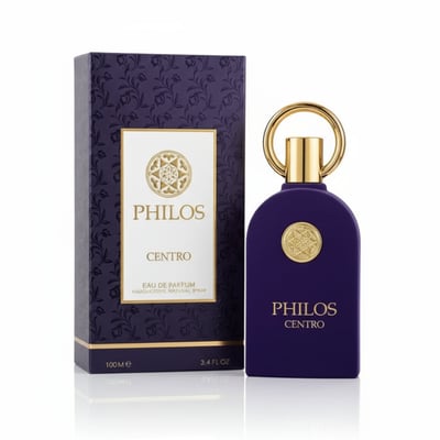 Maison Alhambra Philos Centro — A purple perfume bottle with a gold ring cap and a gold emblem sits next to its matching purple patterned box, both on a white reflective surface. | Maison Alhambra Philos Centro — Botol minyak wangi ungu dengan penutup cincin emas dan lambang emas terletak di sebelah kotak bermotif