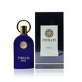 Maison Alhambra Philos Pura by Maison Alhambra 100ml EDP Man — A blue velvet perfume bottle with a gold circular emblem and gold cap stands next to its matching navy blue box with a white label featuring the same emblem and text. | Maison Alhambra Philos Pura by Maison Alhambra 100ml EDP Man — Botol minyak wangi baldu