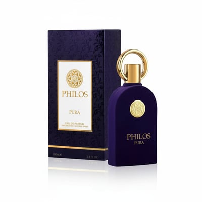 Maison Alhambra Philos Pura by Maison Alhambra 100ml EDP Man — A dark purple velvet-textured perfume bottle with a gold ring cap and a gold emblem sits next to its matching patterned box on a white reflective surface. | Maison Alhambra Philos Pura by Maison Alhambra 100ml EDP Man — Botol minyak wangi bertekstur baldu