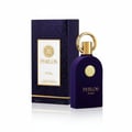Maison Alhambra Philos Pura by Maison Alhambra 100ml EDP Man — A dark purple velvet-textured perfume bottle with a gold ring cap and a gold emblem sits next to its matching patterned box on a white reflective surface. | Maison Alhambra Philos Pura by Maison Alhambra 100ml EDP Man — Botol minyak wangi bertekstur baldu