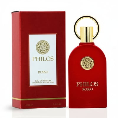 Maison Alhambra Philos Rosso — Red velvet-textured perfume bottle and matching red box with gold accents, featuring the Philos logo and Rosso text. | Maison Alhambra Philos Rosso — Botol minyak wangi baldu merah dan kotak merah sepadan dengan perincian emas, menampilkan logo Philos dan teks Rosso.