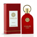 Maison Alhambra Philos Rosso — Red velvet-textured perfume bottle and matching red box with gold accents, featuring the Philos logo and Rosso text. | Maison Alhambra Philos Rosso — Botol minyak wangi baldu merah dan kotak merah sepadan dengan perincian emas, menampilkan logo Philos dan teks Rosso.