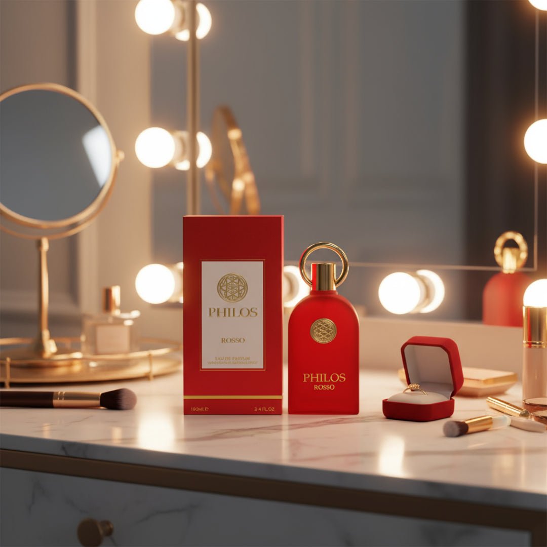 Maison Alhambra Philos Rosso 100ml EDP — A red perfume bottle and its box sit on a marble vanity with a makeup brush, a ring in a jewelry box, and a vanity mirror with lights in the background. | Maison Alhambra Philos Rosso 100ml EDP — Sebotol minyak wangi merah dan kotaknya diletakkan di atas meja solek marmar