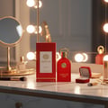 Maison Alhambra Philos Rosso 100ml EDP — A red perfume bottle and its box sit on a marble vanity with a makeup brush, a ring in a jewelry box, and a vanity mirror with lights in the background. | Maison Alhambra Philos Rosso 100ml EDP — Sebotol minyak wangi merah dan kotaknya diletakkan di atas meja solek marmar