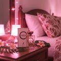 Maison Alhambra Pride by Maison Alhambra 100ml EDP Women — A clear glass perfume bottle with a rose gold cap sits on a wooden nightstand next to its box, surrounded by pink flowers and palm leaves, with a bed and fairy lights in the background. | Maison Alhambra Pride by Maison Alhambra 100ml EDP Women — Botol minyak