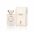 Maison Alhambra Pride by Maison Alhambra 100ml EDP Women — A clear glass perfume bottle with a rose gold cap and a circular label featuring the word PRIDE in rose gold, placed next to its matching rose gold and white box. | Maison Alhambra Pride by Maison Alhambra 100ml EDP Women — Botol minyak wangi kaca jernih