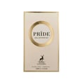 Maison Alhambra Pride by Maison Alhambra 100ml EDP Women — A rectangular perfume box with a cream and gold design, featuring the word PRIDE in a gold circle and a deer silhouette below. | Maison Alhambra Pride by Maison Alhambra 100ml EDP Women — Peti minyak wangi berbentuk segi empat dengan reka bentuk krim dan emas