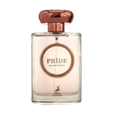 Maison Alhambra Pride by Maison Alhambra 100ml EDP Women — A clear glass perfume bottle with a rose gold cap and a circular label featuring the word 'PRIDE' in gold, with a deer silhouette at the bottom. | Maison Alhambra Pride by Maison Alhambra 100ml EDP Women — Botol minyak wangi kaca jernih dengan penutup emas ros