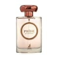 Maison Alhambra Pride by Maison Alhambra 100ml EDP Women — A clear glass perfume bottle with a rose gold cap and a circular label featuring the word 'PRIDE' in gold, with a deer silhouette at the bottom. | Maison Alhambra Pride by Maison Alhambra 100ml EDP Women — Botol minyak wangi kaca jernih dengan penutup emas ros