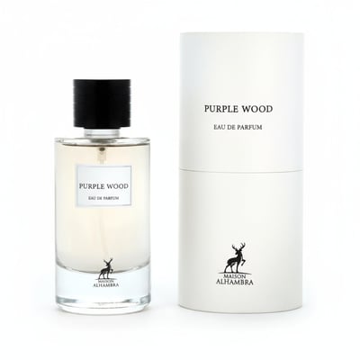Maison Alhambra Purple Wood — A clear glass perfume bottle with a black cap and a white label reading "PURPLE WOOD EAU DE PARFUM" sits next to its matching white cylindrical box, both featuring a deer logo. | Maison Alhambra Purple Wood — Botol kaca jernih dengan penutup hitam dan label putih bertuliskan "PURPLE WOOD