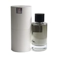 Maison Alhambra Purple Wood by Maison Alhambra – 100 ml Unisex — A cylindrical white box with a holographic sticker sits next to a clear glass perfume bottle with a black ribbed cap and dark liquid. | Maison Alhambra Purple Wood by Maison Alhambra – 100 ml Unisex — Kotak silinder putih dengan pelekat holografik