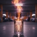 Maison Alhambra Purple Wood – A clear glass perfume bottle with a dark cap, emitting orange flames and sparks in a dimly lit parking garage. | Maison Alhambra Purple Wood – Botol kaca jernih dengan penutup gelap, mengeluarkan api oren dan percikan di garaj parkir yang malap.