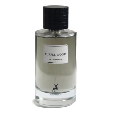 Maison Alhambra Purple Wood – Clear glass perfume bottle with a black ribbed cap, a white label reading "PURPLE WOOD EAU DE PARFUM", and a deer silhouette logo with "MAISON ALHAMBRA" text at the base. | Maison Alhambra Purple Wood – Botol minyak wangi kaca jernih dengan penutup berjalur hitam, label putih bertuliskan