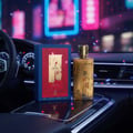 Maison Alhambra Renee Carmine EDP 100 ml Maison Alhambra — A gold bottle of Renee Carmine EDP and its blue and red box sit on a car's center console with a blurred city lights background. | Maison Alhambra Renee Carmine EDP 100 ml Maison Alhambra — Botol emas Renee Carmine EDP dan kotaknya yang berwarna biru dan merah