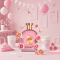 Maison Alhambra Rose Origami by Maison Alhambra 100ml — A pink perfume bottle sits on a lace doily surrounded by pink origami cranes, paper airplanes, and paper roses, with pink lanterns and banners in the background. | Maison Alhambra Rose Origami by Maison Alhambra 100ml — Botol minyak wangi merah jambu diletakkan
