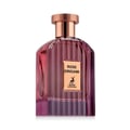 Maison Alhambra Rose Origami by Maison Alhambra 100ml — A clear glass perfume bottle with pink and purple gradient liquid, featuring a gold label with text and a deer silhouette, topped with a rose gold cap. | Maison Alhambra Rose Origami by Maison Alhambra 100ml — Botol minyak wangi kaca jernih dengan cecair gradien