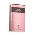 Maison Alhambra Rose Origami — A pink, ribbed perfume box with a dark band at the top displaying "ROSE ORIGAMI" in white text. A deer logo and product details are visible at the bottom. | Maison Alhambra Rose Origami — Kotak wangian berwarna merah jambu berjalur dengan jalur gelap di bahagian atas memaparkan "ROSE
