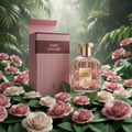 Maison Alhambra Rose Origami — A pink perfume bottle and its box are surrounded by paper roses and green leaves in a lush, tropical setting. | Maison Alhambra Rose Origami — Sebotol minyak wangi merah jambu dan kotaknya dikelilingi oleh mawar kertas dan daun hijau dalam suasana tropika yang subur.