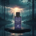 Maison Alhambra Salvo Elixir — A dark glass perfume bottle with a black cap sits on a rock in front of a mystical forest and lake scene with dramatic sunbeams | Maison Alhambra Salvo Elixir — Botol minyak wangi kaca gelap dengan penutup hitam diletakkan di atas batu di hadapan hutan mistik dan tasik dengan pancaran