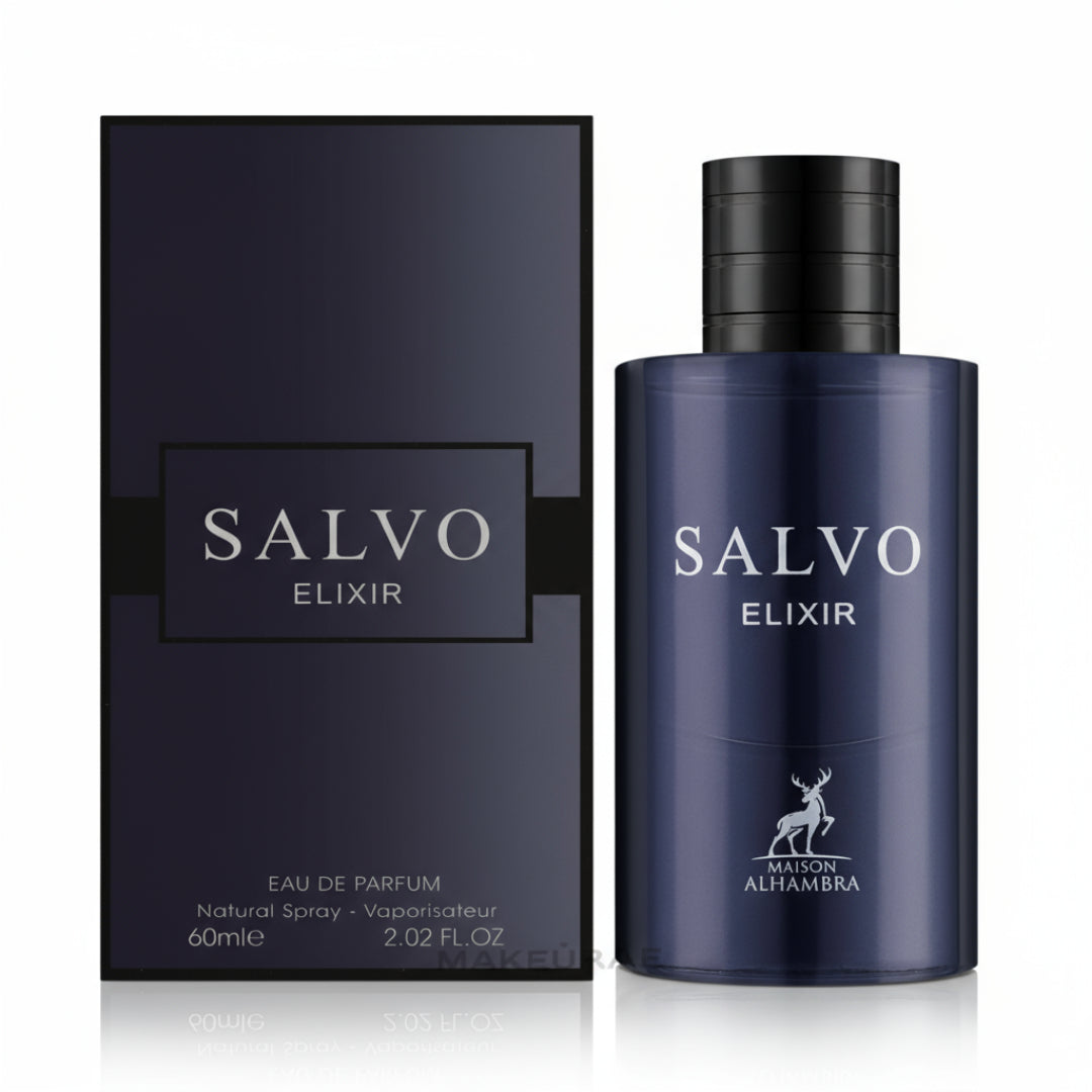 Maison Alhambra Salvo Elixir – A dark navy blue perfume bottle with a black cap and a silver deer logo, next to its matching dark navy blue box with silver text. | Maison Alhambra Salvo Elixir – Botol minyak wangi biru navy gelap dengan penutup hitam dan logo rusa perak, bersebelahan dengan kotak biru navy gelap yang