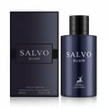 Maison Alhambra Salvo Elixir – A dark navy blue perfume bottle with a black cap and a silver deer logo, next to its matching dark navy blue box with silver text. | Maison Alhambra Salvo Elixir – Botol minyak wangi biru navy gelap dengan penutup hitam dan logo rusa perak, bersebelahan dengan kotak biru navy gelap yang