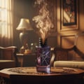 Maison Alhambra Salvo Elixir by Maison Alhambra – 60 ml for Men — A purple glass perfume bottle with a cracked design, emitting wisps of smoke, sits on a carved wooden table in a dimly lit, vintage-style room with ornate furniture and a lamp. | Maison Alhambra Salvo Elixir by Maison Alhambra – 60 ml for Men — Botol