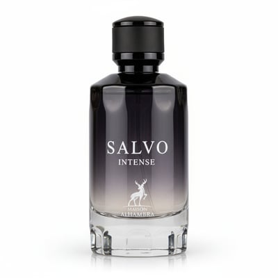 Maison Alhambra Salvo Intense — A clear glass perfume bottle with a dark gradient, black cap, and white text and deer logo. | Maison Alhambra Salvo Intense — Botol kaca jernih dengan gradien gelap, penutup hitam, dan teks serta logo rusa putih.