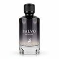 Maison Alhambra Salvo Intense — A clear glass perfume bottle with a dark gradient, black cap, and white text and deer logo. | Maison Alhambra Salvo Intense — Botol kaca jernih dengan gradien gelap, penutup hitam, dan teks serta logo rusa putih.