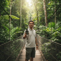 Maison Alhambra Salvo Intense by Maison Alhambra 100ml EDP — Man holding a bottle of Salvo Intense on a suspension bridge in a lush green forest with sunlight filtering through the trees. | Lelaki memegang sebotol Salvo Intense di atas jambatan gantung di hutan hijau subur dengan cahaya matahari menembusi pokok.