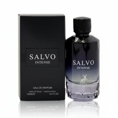 Maison Alhambra Salvo Intense — A black box and a gradient dark blue to clear glass perfume bottle with a deer silhouette on the bottle, set against a white background. | Maison Alhambra Salvo Intense — Kotak hitam dan botol minyak wangi kaca biru gelap ke jernih gradien dengan siluet rusa pada botol, berlatar