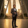Maison Alhambra Salvo Intense by Maison Alhambra 100ml EDP — Man in a grey suit holding a dark bottle in front of modern architecture at sunset. | Maison Alhambra Salvo Intense by Maison Alhambra 100ml EDP — Lelaki berbaju kelabu memegang botol gelap di hadapan seni bina moden ketika matahari terbenam.