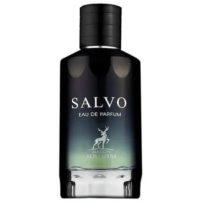 Maison Alhambra Salvo by Maison Alhambra For Him 100ml — A black glass perfume bottle with a gradient from dark blue to green, featuring white text "SALVO EAU DE PARFUM" and a silver stag logo above "MAISON ALHAMBRA". | Maison Alhambra Salvo by Maison Alhambra For Him 100ml — Botol minyak wangi kaca hitam dengan