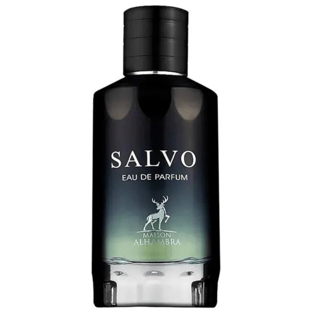 Maison Alhambra Salvo by Maison Alhambra For Him 100ml — A black glass perfume bottle with a gradient from dark blue to green, featuring white text "SALVO EAU DE PARFUM" and a silver stag logo above "MAISON ALHAMBRA". | Maison Alhambra Salvo by Maison Alhambra For Him 100ml — Botol minyak wangi kaca hitam dengan