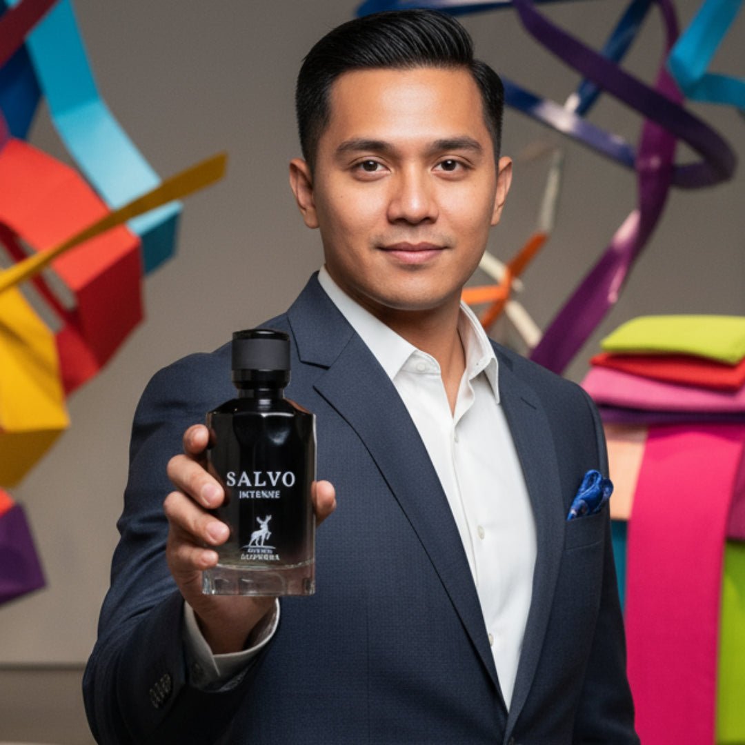 Maison Alhambra Salvo Intense by Maison Alhambra 100ml EDP — Man in a suit holding a black perfume bottle with a deer logo, standing in front of a colorful abstract sculpture. | Maison Alhambra Salvo Intense by Maison Alhambra 100ml EDP — Lelaki berbaju sut memegang botol minyak wangi hitam dengan logo rusa, berdiri