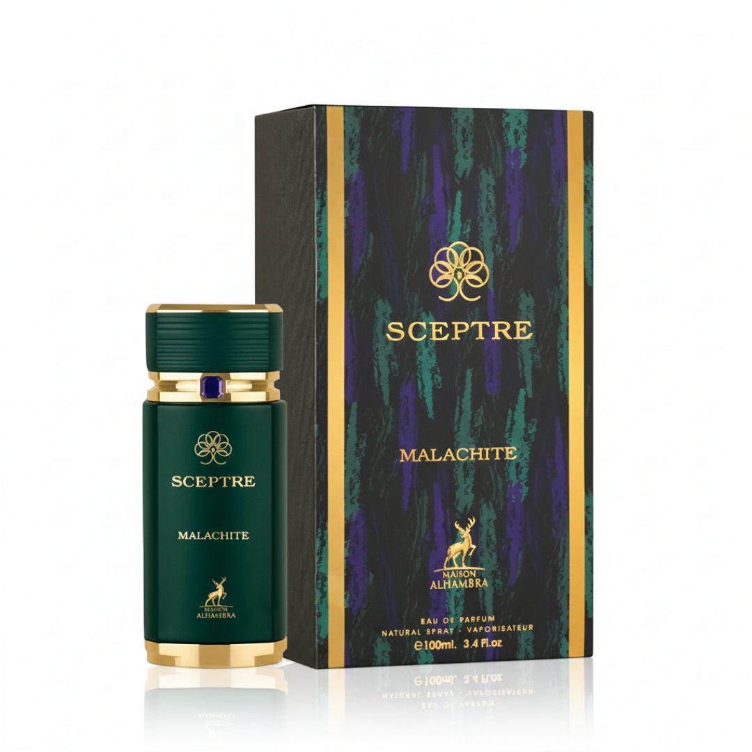 Maison Alhambra Sceptre Malachite — Green bottle with gold accents and a dark, textured box with gold and purple stripes, featuring a deer logo. | Maison Alhambra Sceptre Malachite — Botol hijau dengan aksen emas dan kotak gelap bertekstur dengan jalur emas dan ungu, menampilkan logo rusa.