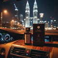 Maison Alhambra Smoked Oud & Vanilla 100ml EDP — A perfume bottle and its box sit on a car's dashboard at night, with the Petronas Twin Towers in the background. | Maison Alhambra Smoked Oud & Vanilla 100ml EDP — Sebotol minyak wangi dan kotaknya terletak di papan pemuka kereta pada waktu malam, dengan Menara