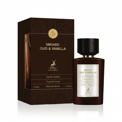 Maison Alhambra Smoked Oud & Vanilla — A brown perfume box stands next to a matching brown glass perfume bottle with a black cap and a white label. | Maison Alhambra Smoked Oud & Vanilla — Kotak minyak wangi coklat berdiri di sebelah botol minyak wangi kaca coklat yang sepadan dengan penutup hitam dan label putih.