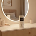 Maison Alhambra Smoky by Maison Alhambra 100ml EDP Unisex — A white cylindrical perfume bottle with a black label sits on a white vanity table in front of a round illuminated mirror. Makeup brushes are in a holder to the left. | Maison Alhambra Smoky by Maison Alhambra 100ml EDP Unisex — Botol minyak wangi silinder