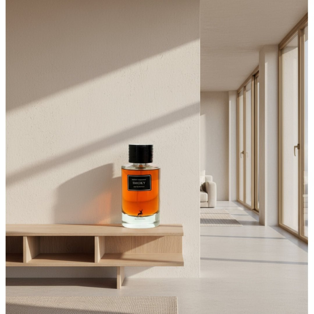 Maison Alhambra Smoky by Maison Alhambra 100ml EDP Unisex — A clear glass perfume bottle with amber liquid and a black cap sits on a light wood shelf in a minimalist interior with large windows. | Maison Alhambra Smoky by Maison Alhambra 100ml EDP Unisex — Botol minyak wangi kaca jernih dengan cecair berwarna ambar