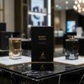 Maison Alhambra Smoky Touch by Maison Alhambra 80ml EDP — A black textured box with gold text and a deer logo sits on a black marble surface, with two perfume bottles in the background. | Maison Alhambra Smoky Touch by Maison Alhambra 80ml EDP — Kotak hitam bertekstur dengan teks emas dan logo rusa duduk di atas