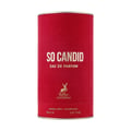 Maison Alhambra So Candid by Maison Alhambra 100 ml EDP — Red cylindrical packaging with gold text "SO CANDID" and "EAU DE PARFUM", featuring a gold deer logo and "MAISON ALHAMBRA" text below. | Maison Alhambra So Candid by Maison Alhambra 100 ml EDP — Pembungkusan silinder merah dengan teks emas "SO CANDID" dan "EAU