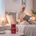 Maison Alhambra So Candid by Maison Alhambra 100 ml EDP — A woman in a hijab reads a book in bed, with a perfume bottle and its packaging on a nightstand in the foreground. | Maison Alhambra So Candid by Maison Alhambra 100 ml EDP — Seorang wanita bertudung membaca buku di atas katil, dengan botol minyak wangi dan