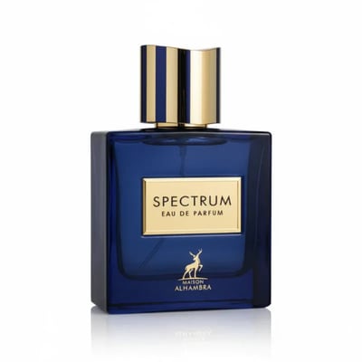 Maison Alhambra Spectrum Eau De Parfum — A blue glass perfume bottle with a gold and blue striped cap, a gold label with 'SPECTRUM EAU DE PARFUM' and a deer silhouette, on a white background. | Maison Alhambra Spectrum Eau De Parfum — Botol kaca biru dengan penutup berjalur emas dan biru, label emas dengan 'SPECTRUM