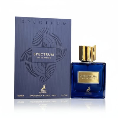 Maison Alhambra Spectrum by Maison Alhambra 100ml EDP Men — A blue glass perfume bottle with a gold cap sits next to its matching blue box with geometric patterns and gold text. | Maison Alhambra Spectrum by Maison Alhambra 100ml EDP Men — Botol kaca biru dengan penutup emas duduk bersebelahan dengan kotak biru