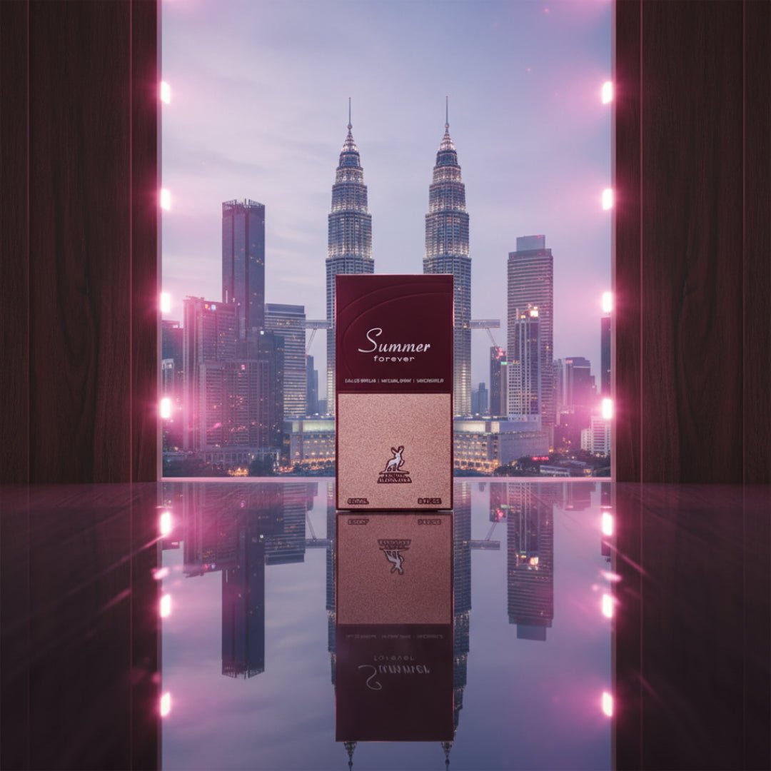 Maison Alhambra Summer Forever by Maison Alhambra 100ml EDP — A perfume box is displayed in front of a city skyline with twin towers, reflected on a glossy surface. | Maison Alhambra Summer Forever by Maison Alhambra 100ml EDP — Kotak pewangi dipamerkan di hadapan latar langit bandar dengan menara berkembar, terpantul