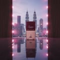 Maison Alhambra Summer Forever by Maison Alhambra 100ml EDP — A perfume box is displayed in front of a city skyline with twin towers, reflected on a glossy surface. | Maison Alhambra Summer Forever by Maison Alhambra 100ml EDP — Kotak pewangi dipamerkan di hadapan latar langit bandar dengan menara berkembar, terpantul